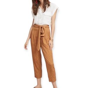 Anthro Ett:Twa “Aubade” Jacquard Tan/Gold Paperbag Waist Cropped Pants size 14